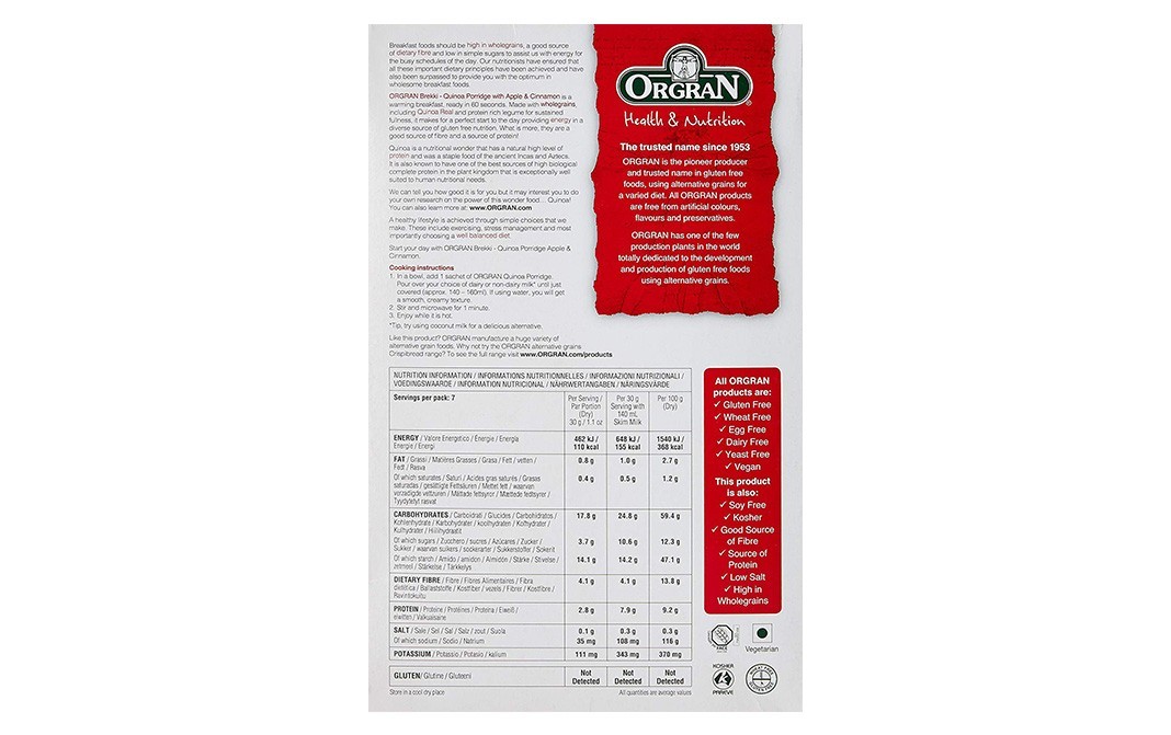 Orgran Quinoa Porridge Apple Cinnamon Gluten Free   Pack  210 grams